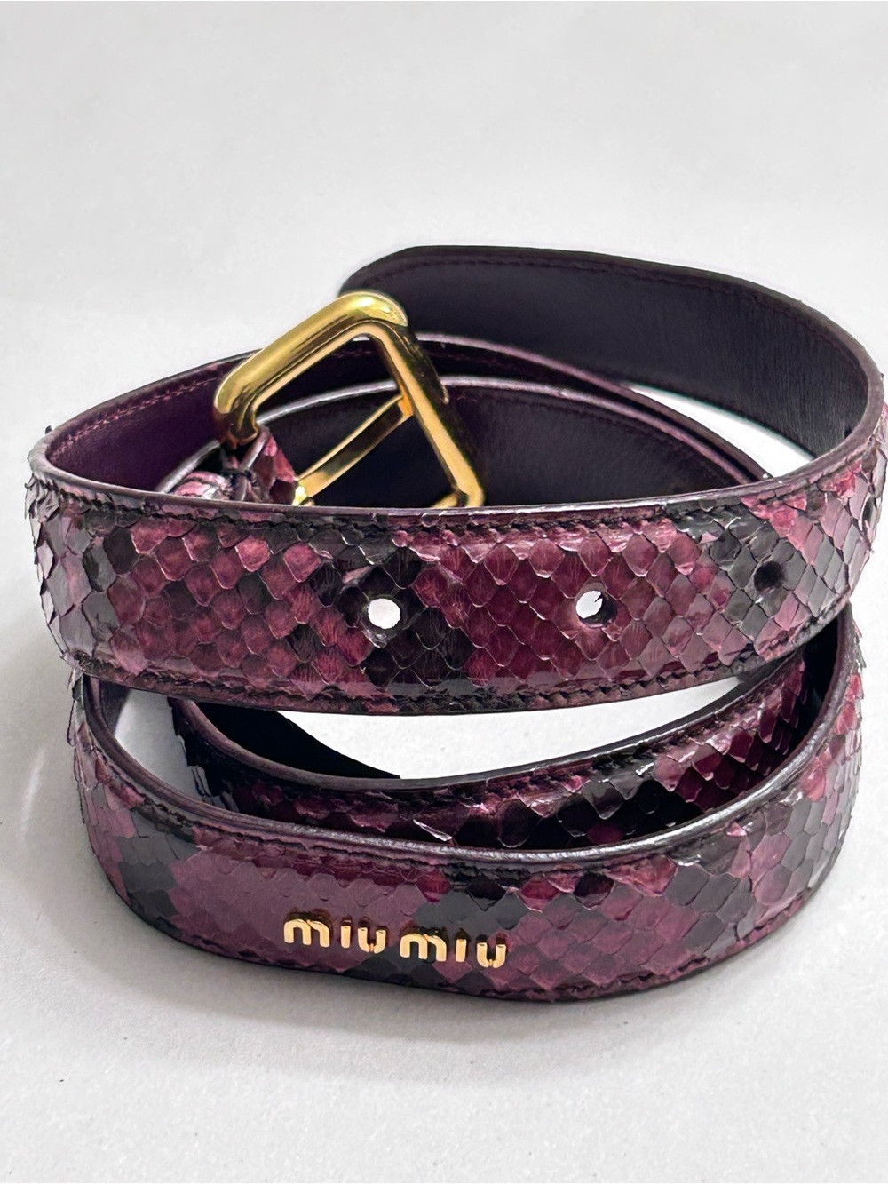 Miu Miu purple snakeskin leather belt with gold-toned hardware